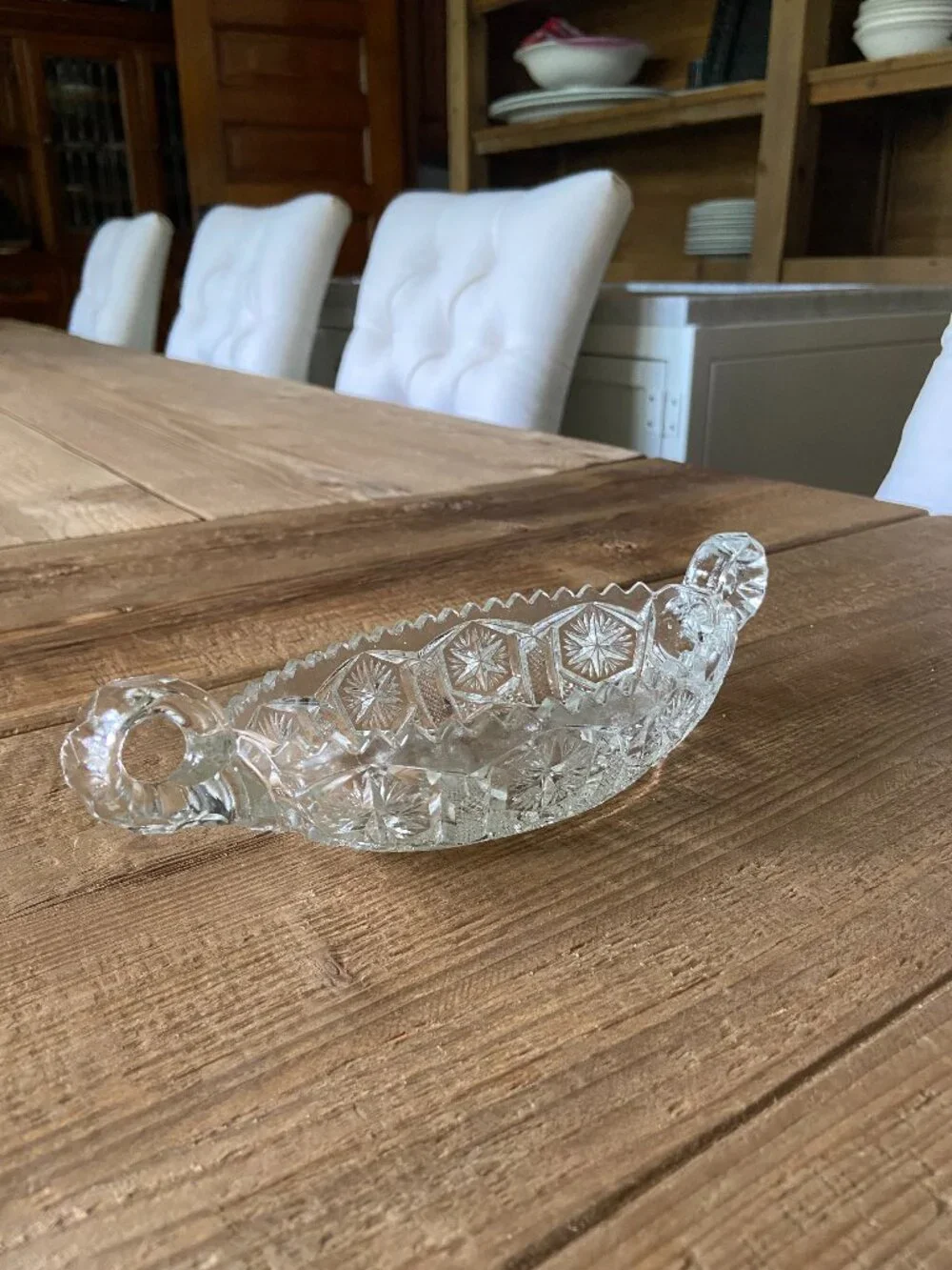 Vintage Cut Glass Canoe Boat Dish Starburst Pattern 6